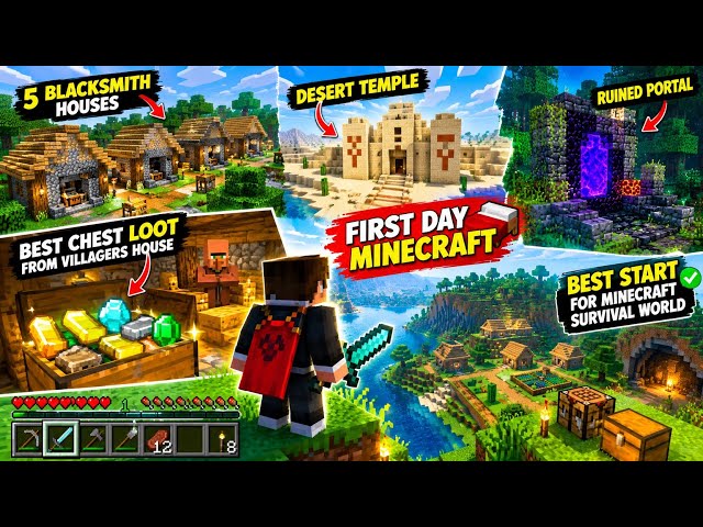 Minecraft First Day! 5 Blacksmiths, Desert Temple & Ruined Portal