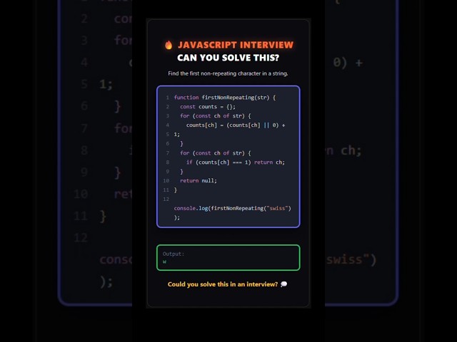 JavaScript Interview Questions | Find the First Non-Repeating Character | Coding Challenge