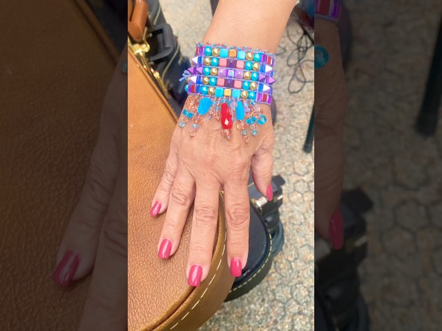 Gorgeous Czech Glass Dancing Cuff made on the Jewel Loom®️ #beadingtutorials #beadlooming