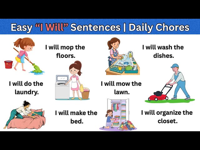 Household Chores in English | Easy “I Will” Sentences | English Speaking Practice for Beginners