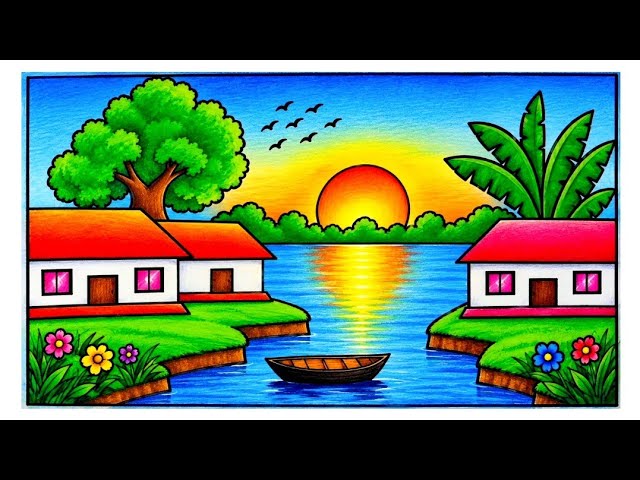 Easy River Scenery drawing with Boat | Beautiful Village Landscape Drawing Step by Step | ছবি আঁকা
