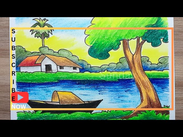 how to draw a beautiful village side scenery drawing - oil pastel গ্রামের দৃশ্য সিনারি ড্রয়িং