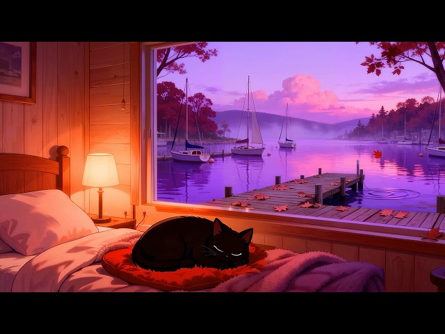 Lofi Cat’s Sleepy Night 💤 Deep Relaxing Music [Warm Lamp & Peaceful Lake View]