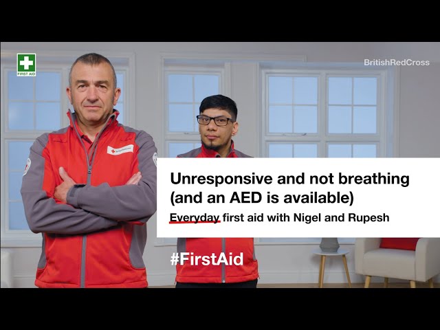 Unresponsive and not breathing (AED available): First aid steps and key action