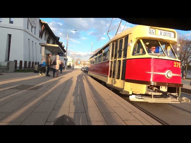 Moscow museum tram on streets, video from bicycle back