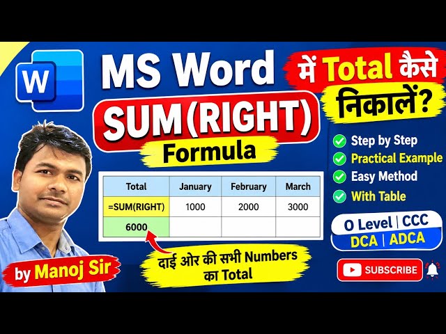 MS Word में Total कैसे निकालें? | SUM(RIGHT) Formula in Hindi | MS Word Table