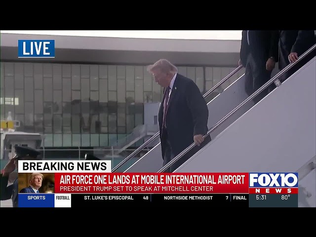 President Trump exits Air Force One at Mobile International Airport