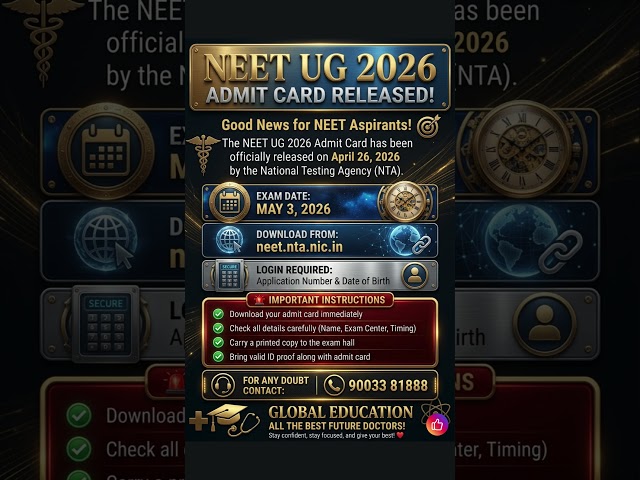 NEET UG ADMIT CARD RELEASED | GLOBAL EDUCATION TAMIL | 90033 81888 |