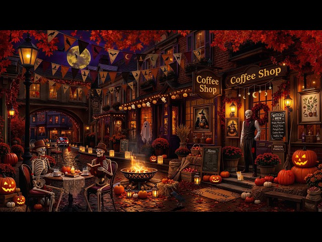 Scary Street Coffeehouse Halloween Vibes 🎃| Spooky Night Jazz & Pumpkin Glow on a Quiet Autumn Night