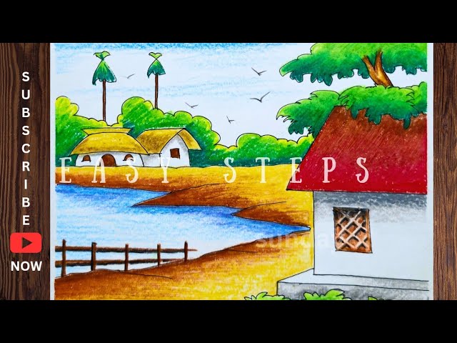 beautiful village side scenery/landscape scenery drawing oil pastel গ্রামের দৃশ্য সিনারি ড্রয়িং