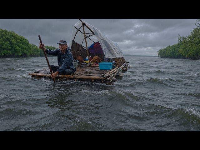 ONE NIGHT SOLO SURVIVAL CAMPING IN LIGHT RAINING ON RAFT CATCH & COOK WITH MY LOYAL DOG.!
