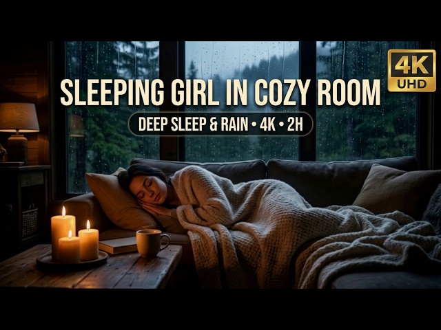 4K Sleeping Girl in Cozy Room 🌧️💤 Soft Rain & Wind Ambiance for Deep Sleep 2H