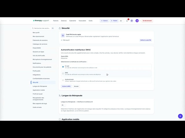 06 — Sécurité : authentification multifacteur et code PIN | Therapy Support FR