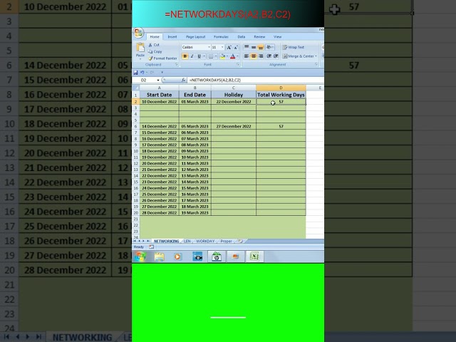 =NETWORKINGDAYS() Formula without Saturday & Sunday & Holiday Total Working Days Count