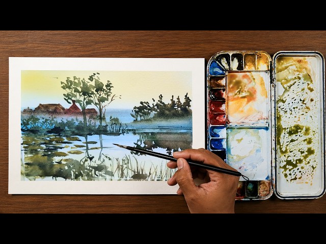 Watercolor Landscape Painting | Peaceful Lake, Trees & Reflections Tutorial