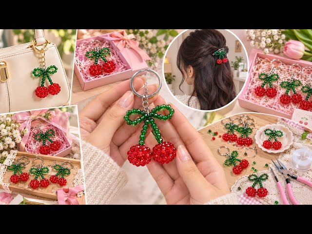 How to Make a Beaded Cherry Keychain 🍒 | Easy DIY Cherry Bag Charm Tutorial