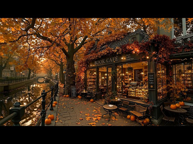 Lost in a Cozy Book Café by the Autumn Canal 🍂 Warm Jazz Ambience & Golden Leaves for Quiet Reading☕