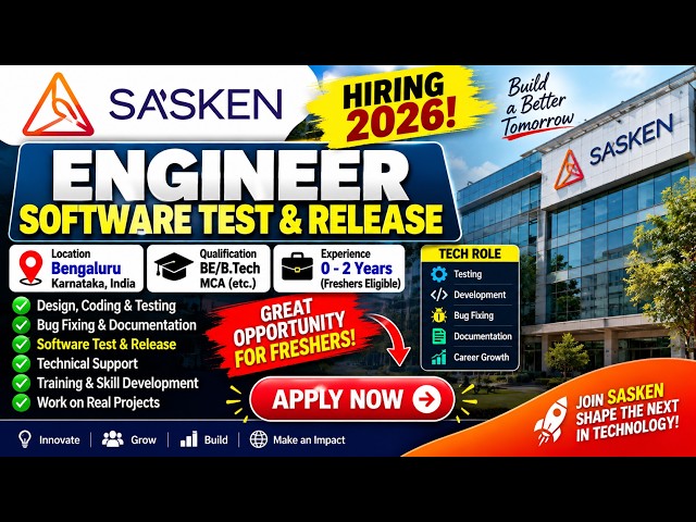 🔥 SASKEN HIRING 2026 🚨 Engineer – Software Test & Release | 0–2 Years | Freshers | APPLY NOW