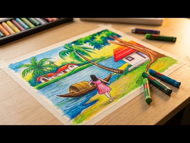 Easy Riverside Village Scenery Drawing with Oil Pastels | Step-by-Step Tutorial গ্রামের দৃশ্য আঁকা