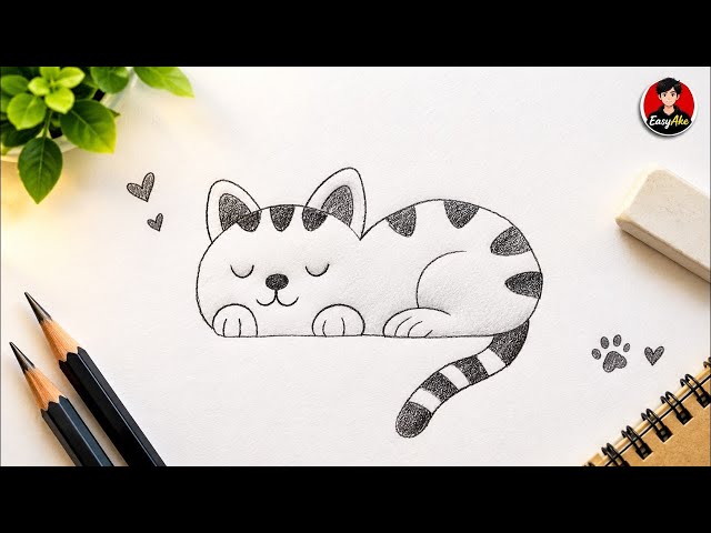 Easy Cat Drawing Tutorial 🐱 | Cute Sleeping Cat Pencil Sketch Step by Step
