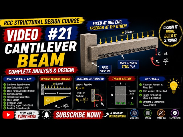 RCC Structural Design #21 | Cantilever Beam Design – Step-by-Step Analysis & Reinforcement