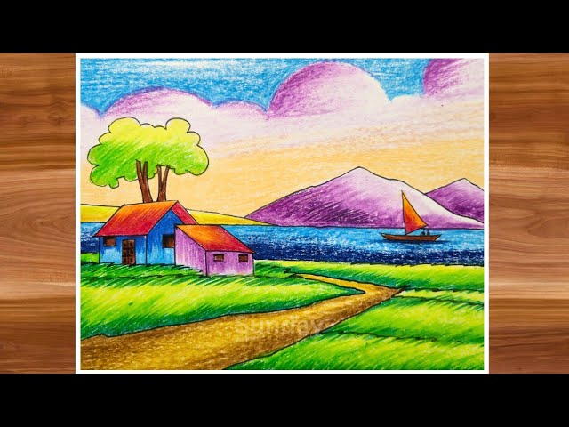 Sunset village scene drawing/Colourful village scenery drawing/village scene drawing/দৃশ্য আঁকা