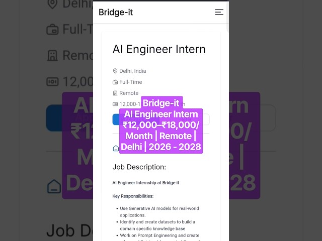Bridge-it AI Engineer Intern Hiring | ₹12,000–₹18,000/Month | Remote | Delhi  | Freshers & Students