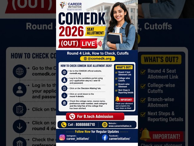 COMEDK 2026 Seat Allotment (OUT) LIVE: Round 4 Link, How to Check, Cutoffs @comedk.org