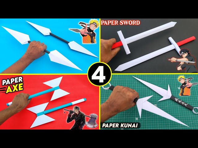 4 homemade naruto paper toy , how to make an paper sword , ninja paper wepon , paper kunai