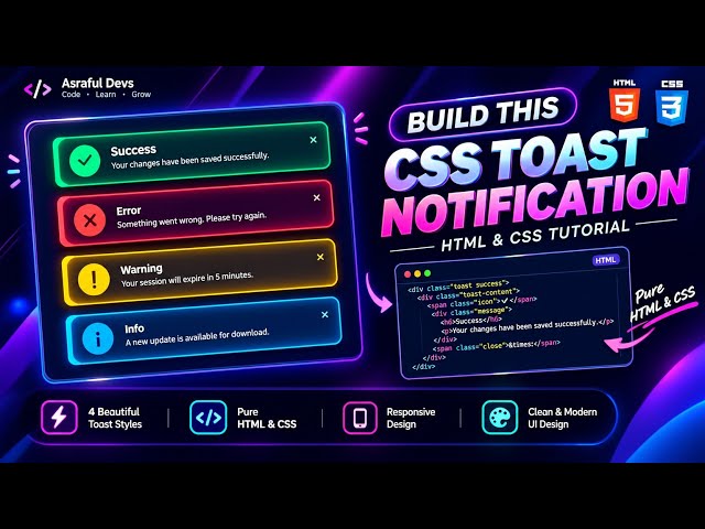 Build This Modern CSS Toast Notifications with HTML & CSS | Responsive UI Tutorial