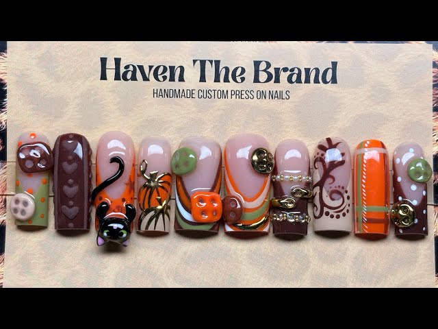 Fall Themed Press On Nail Tutorial! cat hipper, pumpkins, buttons, sweater nail, bangle nails