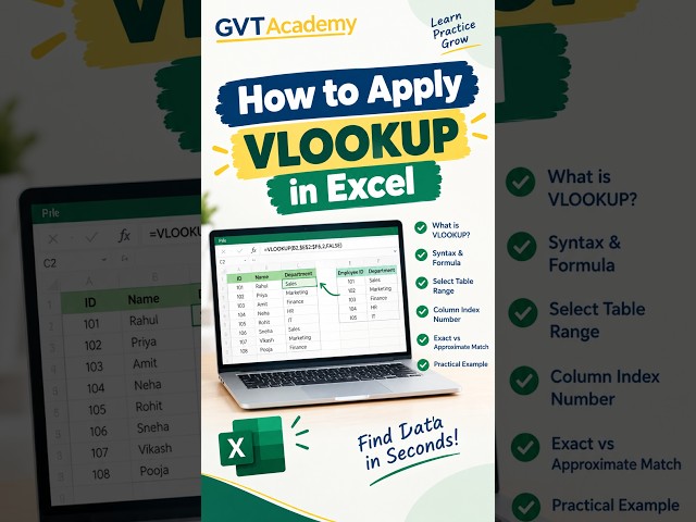 How to Apply VLOOKUP in Excel | VLOOKUP Formula Explained | Excel Tutorial in Hindi | #gvtacademy
