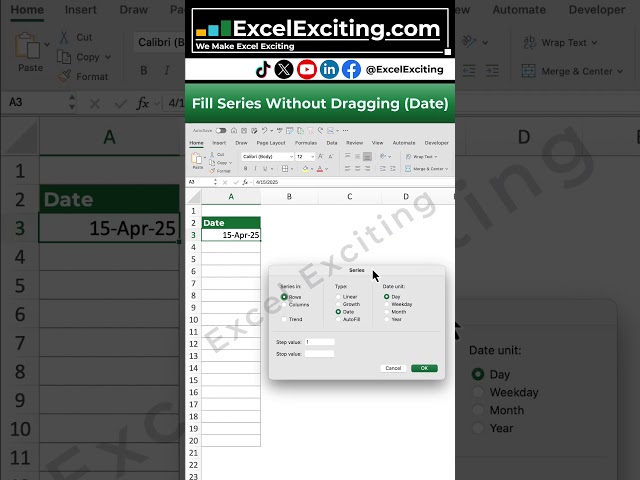 Excel Trick# 21 - Stop dragging! Fill date automatically! #shorts #excel #excelexciting #microsoft