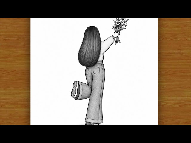 Girl Backside Drawing with flower👧 |  Girl drawing for beginners | Aesthetic Drawing | Pencil sketch