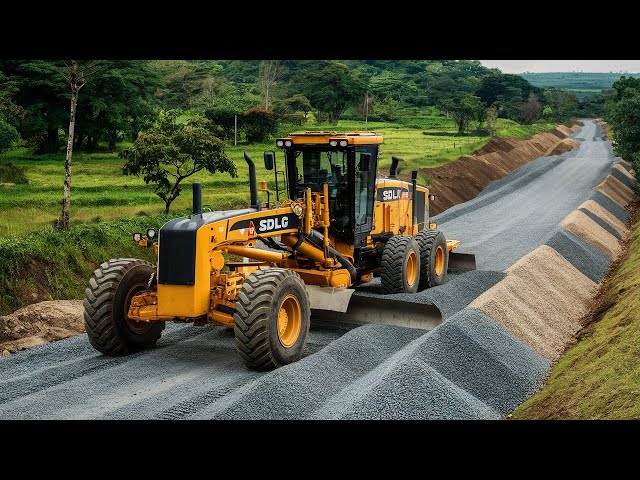 The main technology yellow motor grader machine with the brand SDLG Making pushes layers of gravel