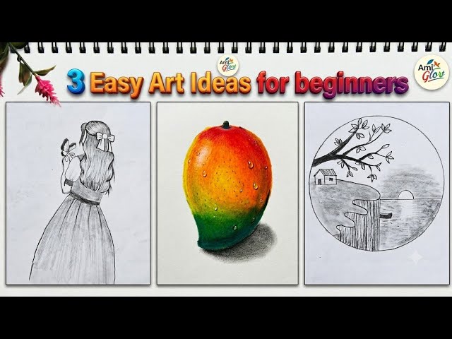 3 Easy Art Tutorial for Beginners | Girl Sketch, Mango Drawing & Scenery