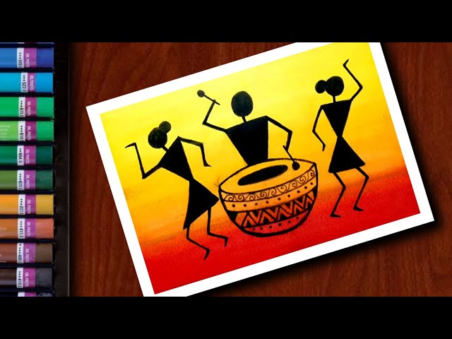 How to draw warli art with oil pastels | step by step for beginners