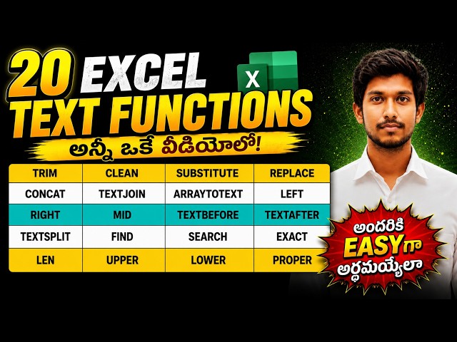 20 Excel Text Functions Explained in Telugu | Complete Guide for Beginners