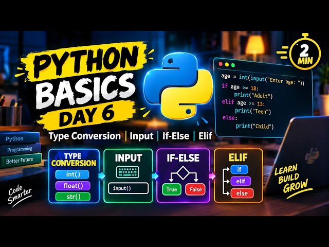 Python Basics Day 6 🐍 | Type Conversion, Input, If-Else & Elif | Learn Python in 2 Minutes