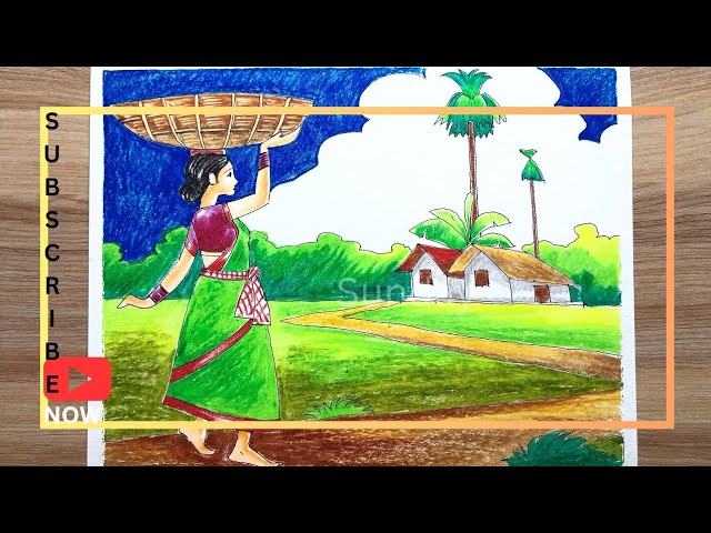 village scene drawing and colour with woman/village girl scenery drawing/গ্রামের দৃশ্য আঁকা ও রং করা