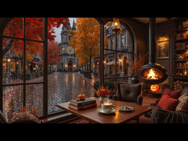 Soulful Autumn Café Jazz on Rain Night at London Street 🍂 Soft Jazz Piano & Warm Fireside for Focus