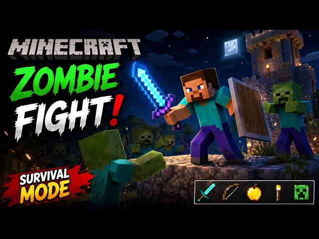 Minecraft game survival mode zombie fight video 