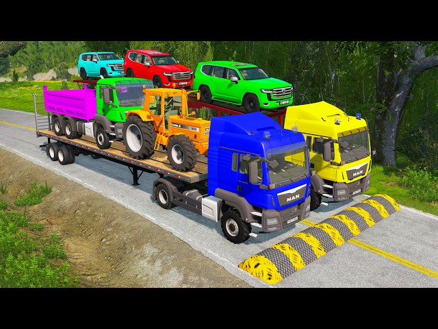 Flatbed Trailer McQueen Transportation with Truck - Speedbumps vs Cars vs Train - BeamNG #306