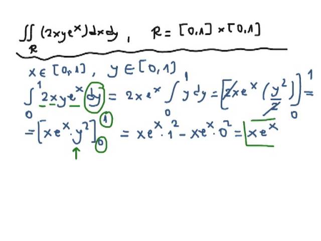 Double integral of function 2xe^x in [0,1] x [0,1] (by parts integration)