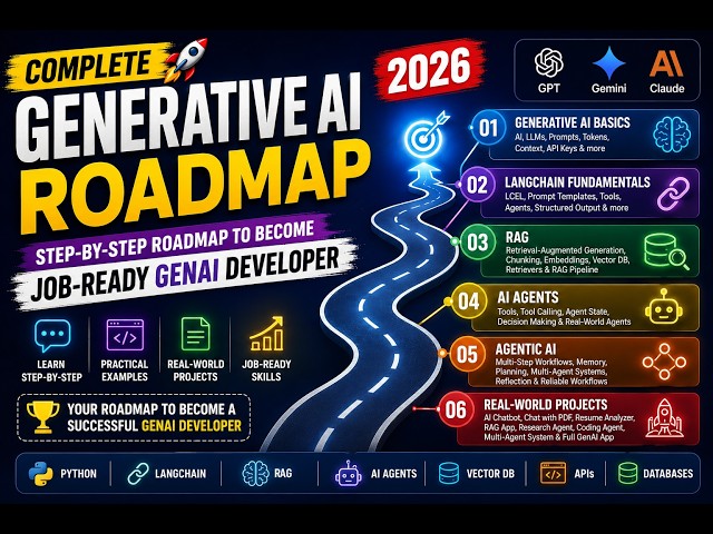 Generative AI Roadmap 2026 🚀| Complete GenAI Developer Roadmap | LangChain,RAG, AI Agents & Projects