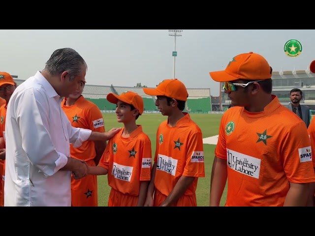 PCB Chairman Mohsin Naqvi meets young cricketers from Beaconhouse & Aitchison at Gaddafi Stadium