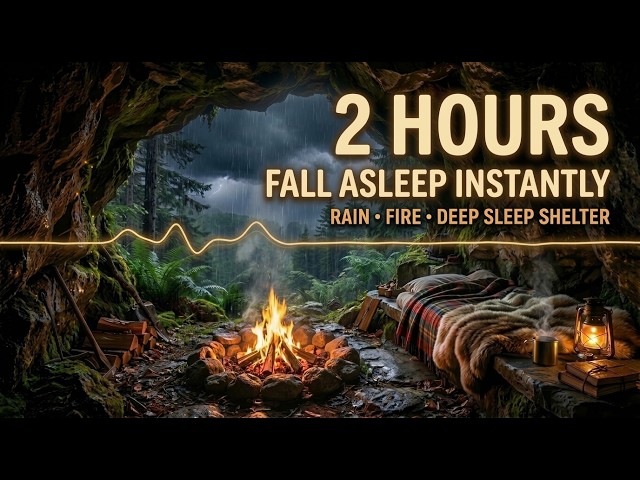 Cave Rain & Campfire Sleep Sounds | Soft Distant Thunder (2 Hours)