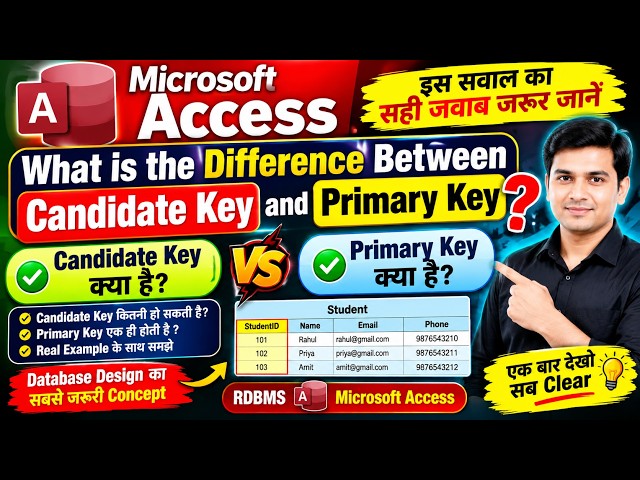 What is the difference between candidate key and primary key Candidate key kya hai#rdbms #access
