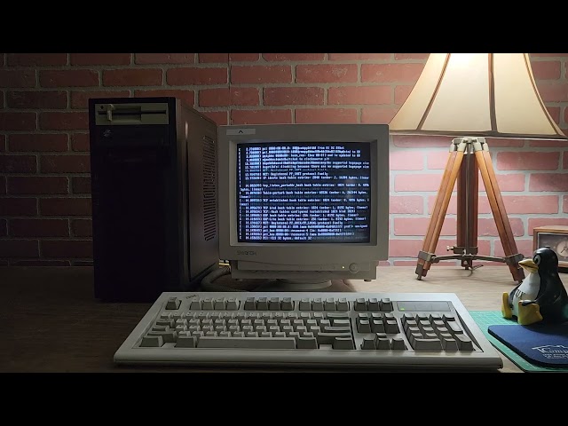 Linux kernel 6.14.11 on a 486 DX/33. Boots to prompt in under 60s.