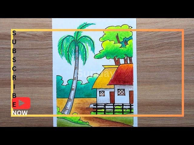 beautiful village side scenery/landscape scenery drawing oil pastel গ্রামের দৃশ্য সিনারি ড্রয়িং